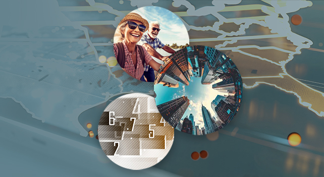 A map of the US in pale neutrals and light blue, overlaid with three small circular images; one of soaring skyscrapers, one of two laughing people wearing sunglasses, and one graphic with numbers scattered on a brown and white background