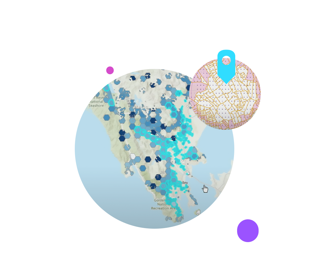 Circular map with hexagons highlighting different areas and an inset street map