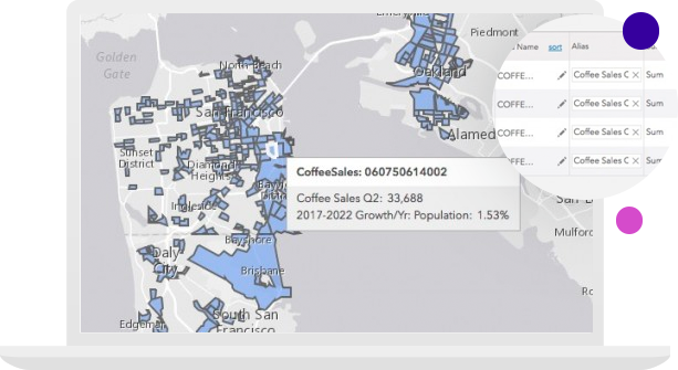 Carte dans les tons gris comportant des zones mises en évidence en bleu et une zone contextuelle affichant des chiffres de ventes