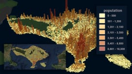 Mapa 3D de Bali mostrando a densidade populacional com torres em forma de hexágono usando a API do serviço GeoEnrichment