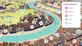Mapa 3D de una ciudad italiana con colores verde, naranja y azul vivos que muestra puntos de interés mediante el uso de la API del servicio de lugares