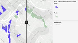 Mapa cinza com cores roxas representando parques em uma cidade e uma legenda à direita