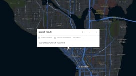 Mappa stradale scura con strade blu e un riquadro con testo per indicare la ricerca di una posizione tramite il servizio di geocodifica API.
