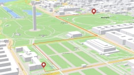 ルート サービス API を使用して、赤線で 2 つのポイント間のルートを示したワシントン D.C. の 3D マップ