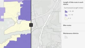 Mapa con una mitad gris y otra morada y amarilla para mostrar el análisis de resumen con una leyenda a la derecha