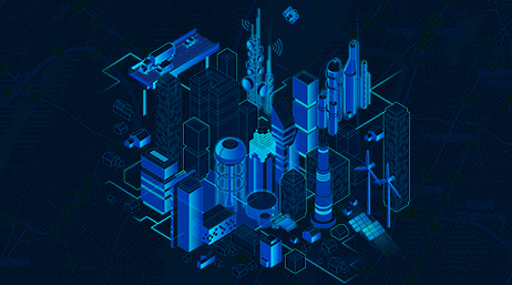 Stylized graphic of a modern city full of skyscrapers in shades of glowing electric blue on a dark blue background