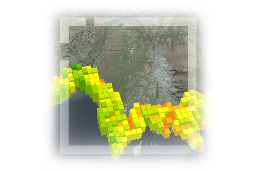 Карта страны с данными о прибрежной зоне, представленная зелеными, желтыми и красными пикселями с белым полупрозрачным квадратом 