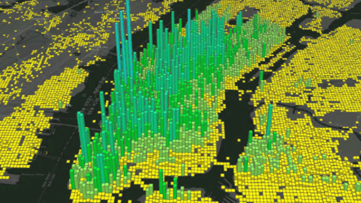 노란색에서 초록색으로 픽셀화된 사각형을 쌓아 다양한 높이의 구조물을 나타내는 어두운 베이스맵