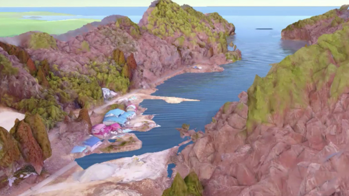 Representación 3D de colinas verdes y rosa pálido en una bahía oceánica con infraestructura codificada con colores en una orilla