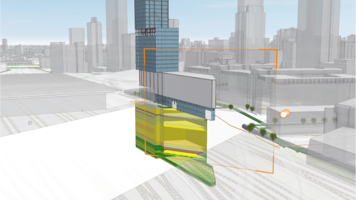 منظر مدينة باللون الرمادي ثلاثي الأبعاد يُظهر مباني متعددة ونموذج مبنى باللون الأخضر يعرض الأبعاد