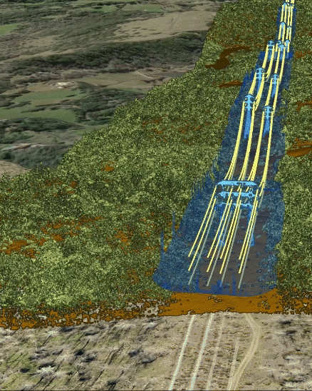 緑の樹木が並ぶ田舎の丘陵地を渡って設置された電線の 3D 表示に沿ってズーム インする GIF