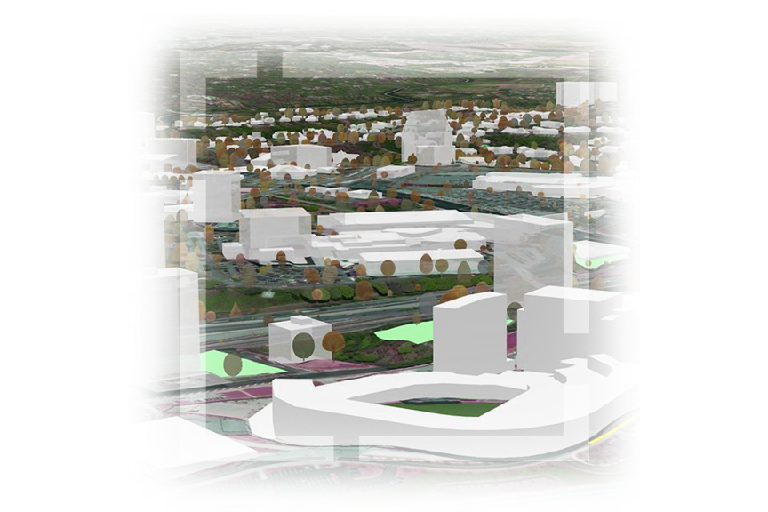 3D-Modell einer Stadt auf einer leichten Anhöhe mit weißen Gebäudeblöcken und Bäumen im Umfeld der Gebäude und an den Serpentinen
