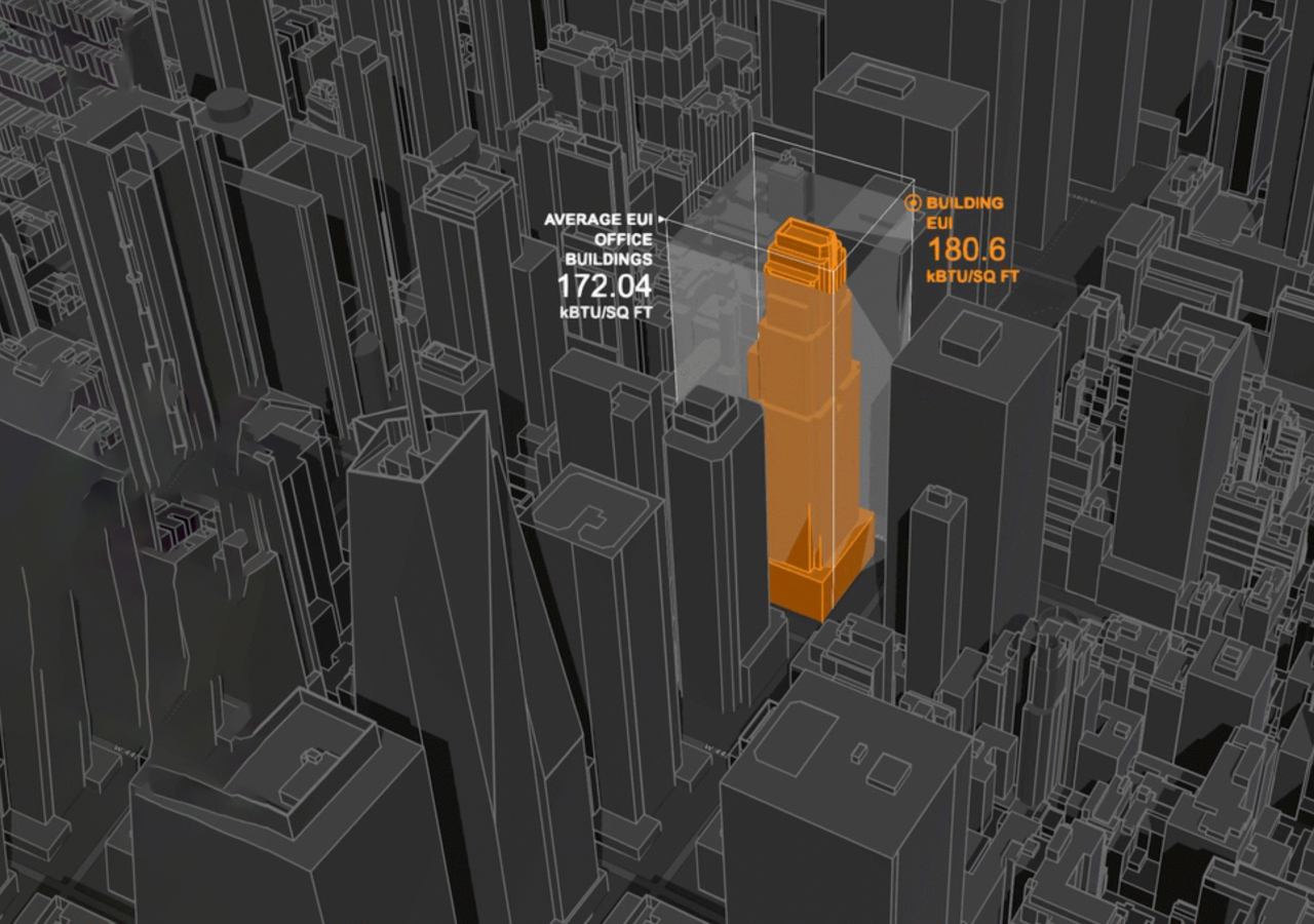 Modelo 3D aéreo del centro de la ciudad con edificios grises y un edificio resaltado en naranja que presenta mediciones numéricas