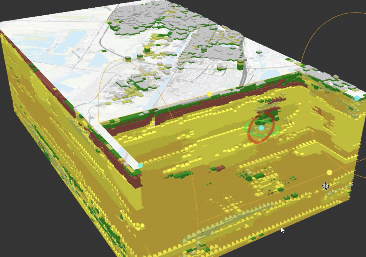 Vue aérienne d’un bâtiment et de terrains avec des données multidimensionnelles, montrant également une visualisation du sous-sol en jaune