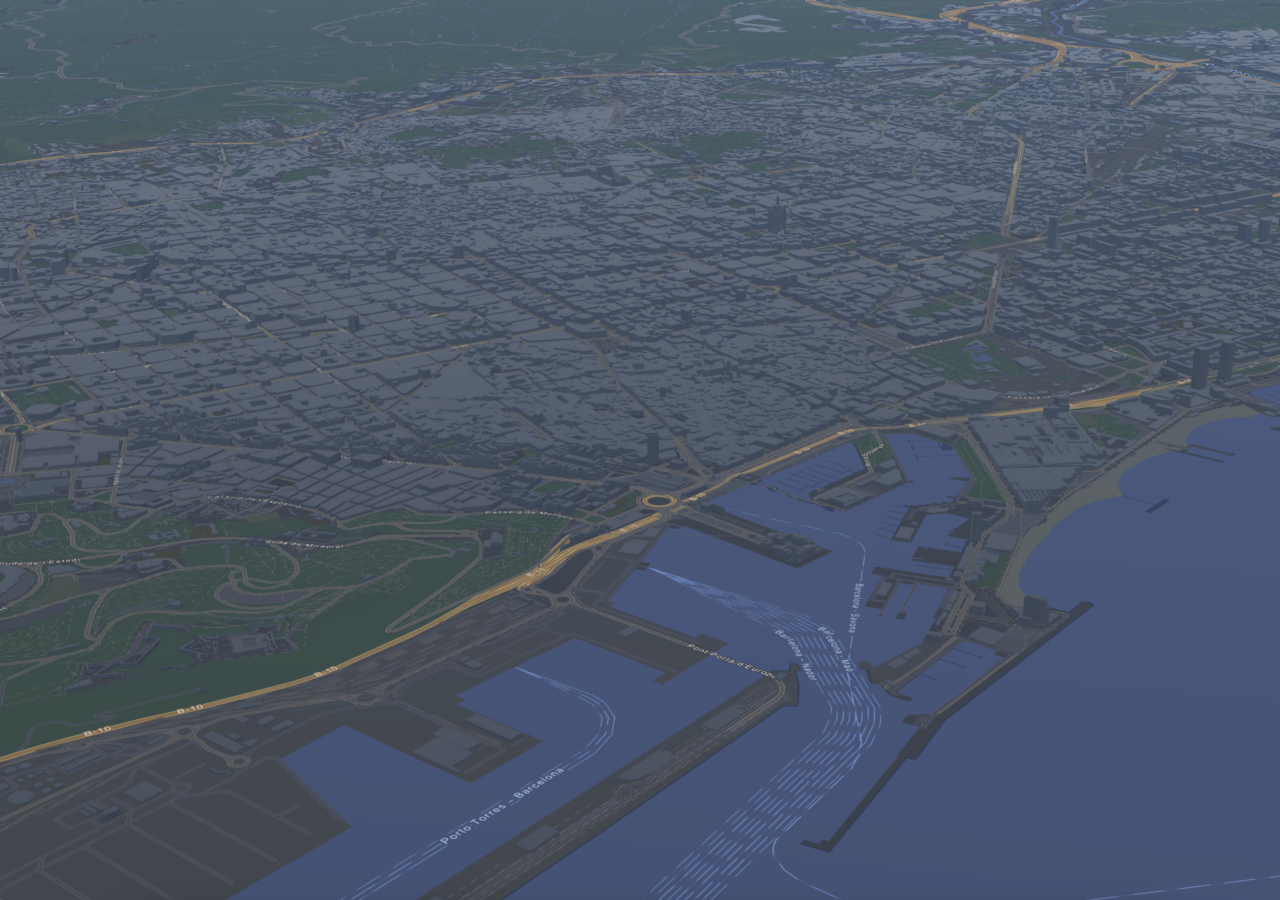 Luftansicht einer Großstadt am Wasser mit blaugrauen 3D-Gebäuden, gelbbraunen Hauptverkehrsstraßen und Grünflächen