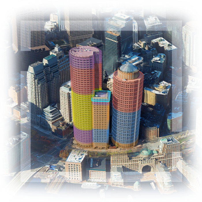منظر جوي ثلاثي الأبعاد لوسط مدينة بوسطن، ماساتشوستس، حيث تظهر ثلاثة مبانٍ مميزة ومظللة بألوان مختلفة