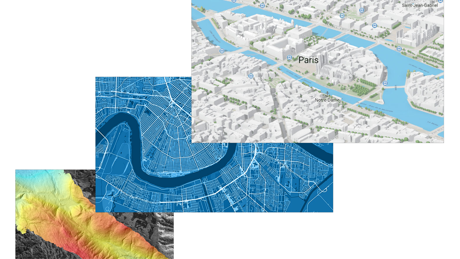 토지와 건물을 보여주는 위성 이미지 3개의 모음
