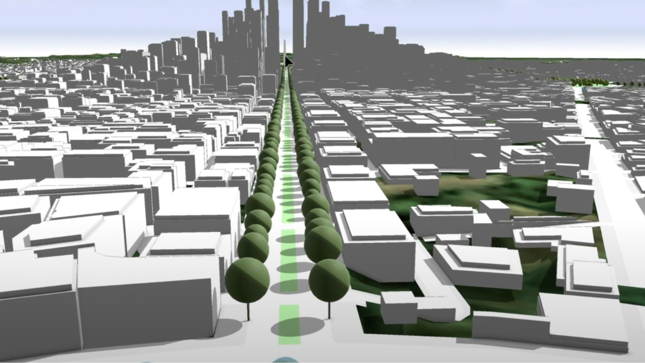 Scena 3D fikcyjnego miasta z szarymi ulicami i budynkami oraz zielonymi drzewami wraz z cieniami
