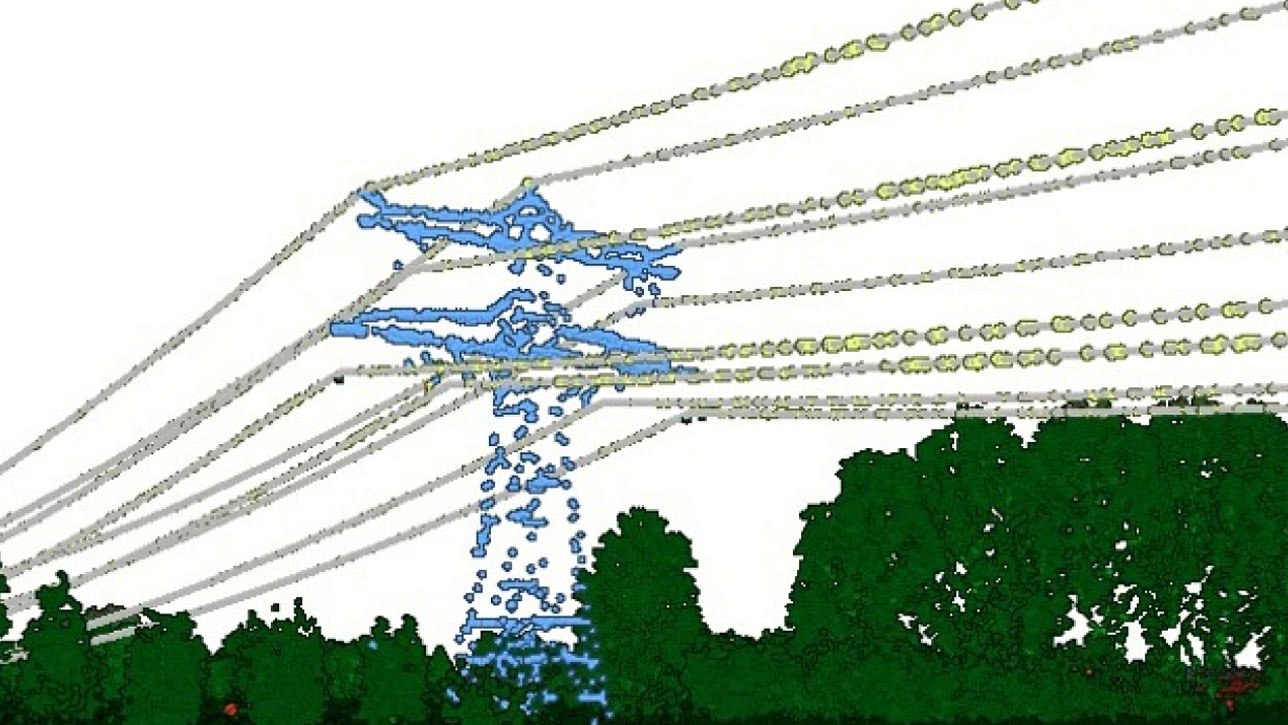 Obraz 3D utworzony na podstawie danych lidarowych i przedstawiający krajobraz ze słupami elektrycznymi, liniami energetycznymi i zieloną roślinnością 