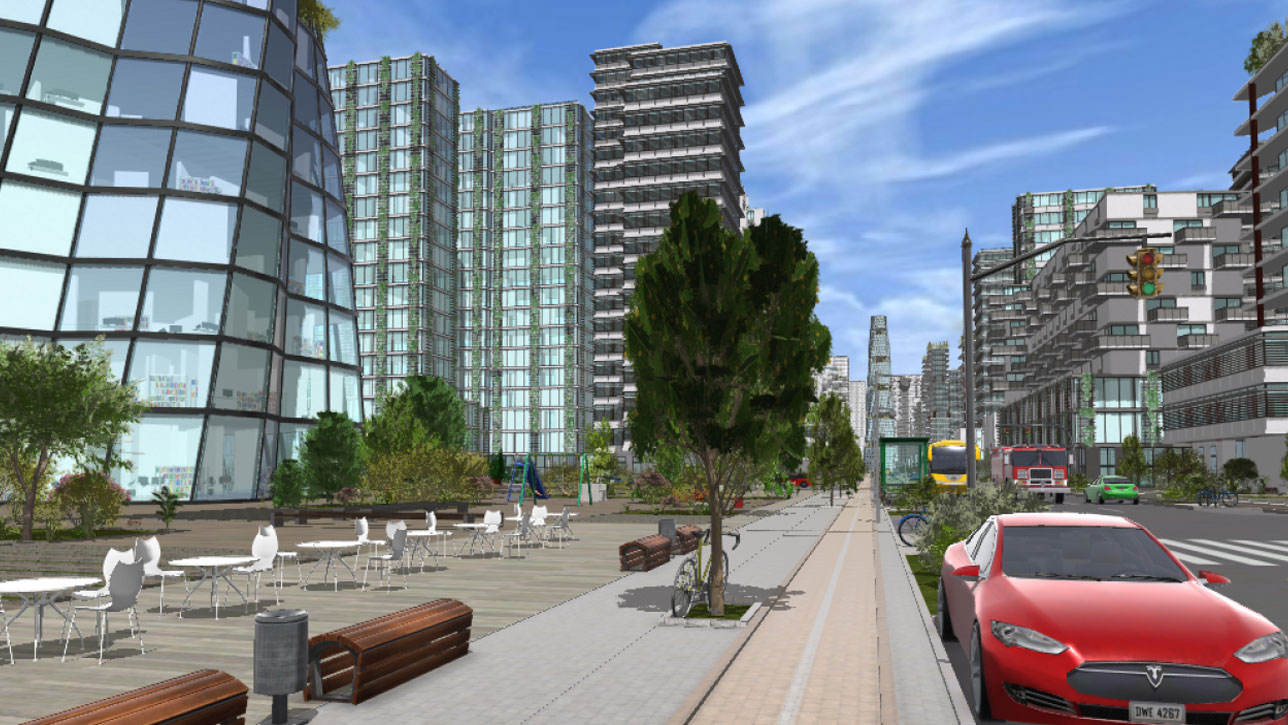 VR ヘッドセット環境の視点から見た、道路上にある赤の車と複数の建物を表示する詳細な都市シーン