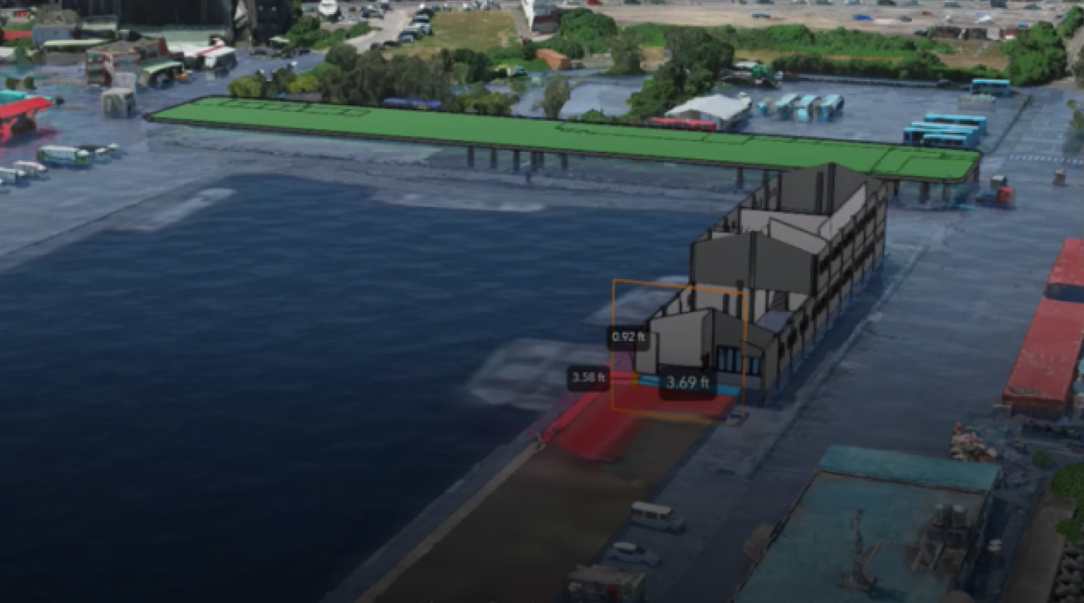 3D-сцена активной строительной площадки, показывающая здание, транспортные средства и голубую воду