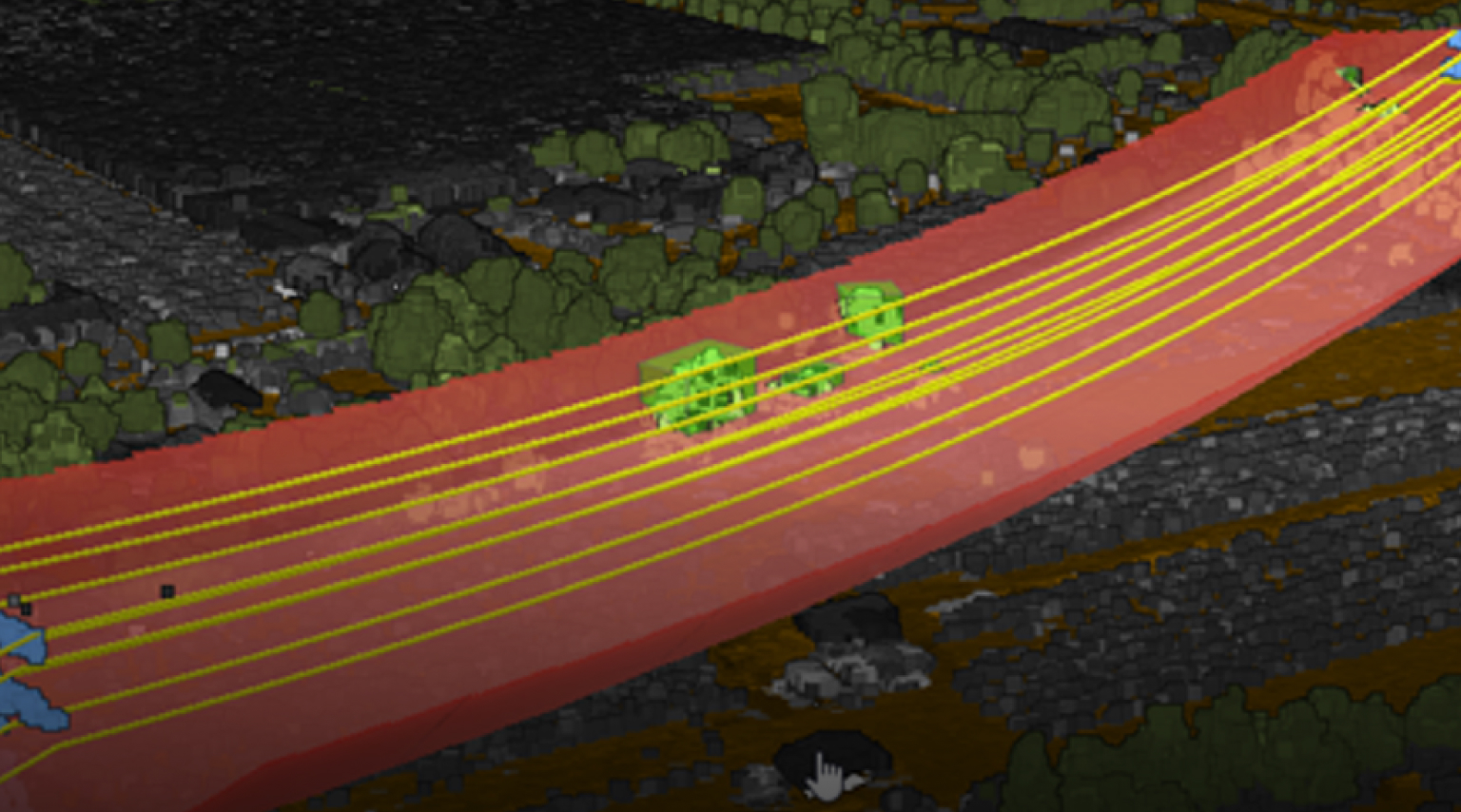 Imagem Lidar 3D mostrando edifícios cinzas, árvores verdes e linhas de energia em amarelo