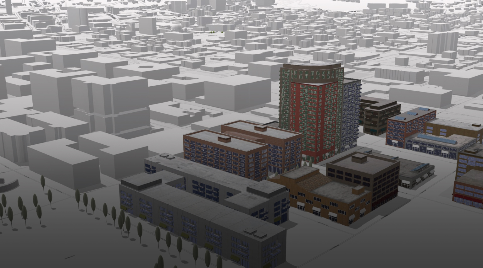 グレーの建物モデルがある都市市街地の 3D シーン