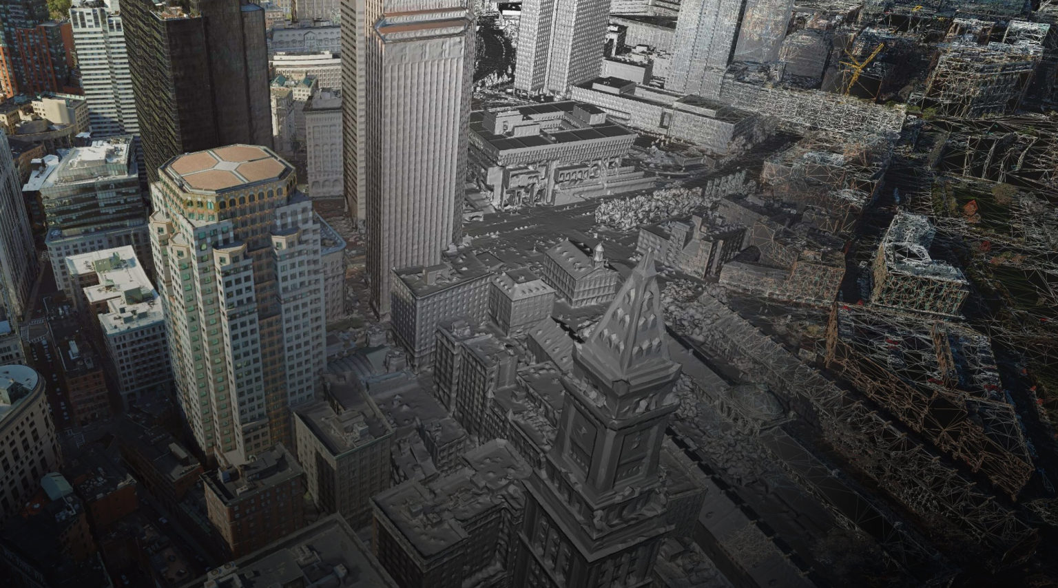 Imagem fotogramétrica de um centro da cidade com grandes e pequenos edifícios 3D