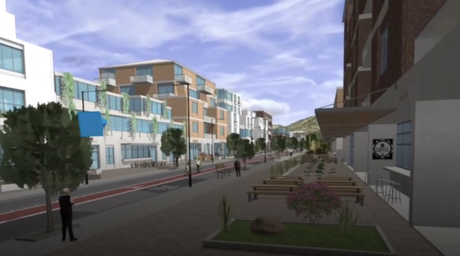 Cena 3D de um quarteirão da cidade com prédios, uma estrada e árvores verdes vistos por meio de um fone de ouvido VR