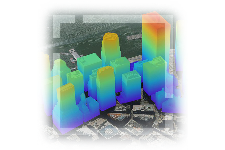 Vista aérea em 3D da cidade e do porto de água, com edifícios altos gradientes de azul a vermelho e quadrados translúcidos brancos sobrepostos
