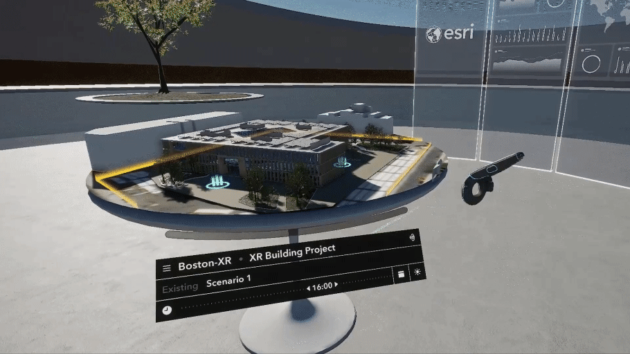 Representación visual de escaneo de un edificio y visualización de una representación 3D formada en XR