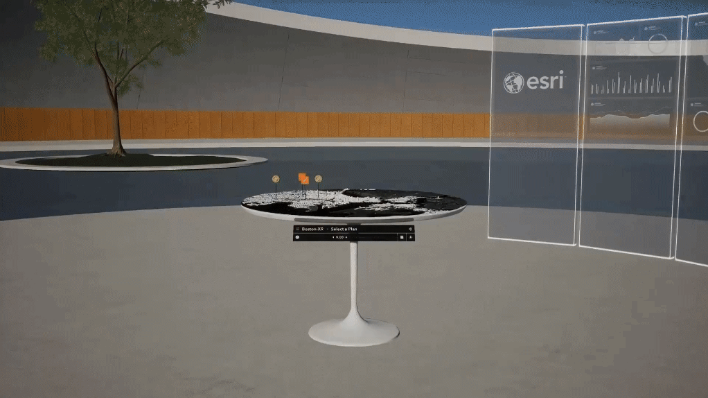 GIF con zoom su un modello 3D di Boston seduto su un tavolo rotondo in XR