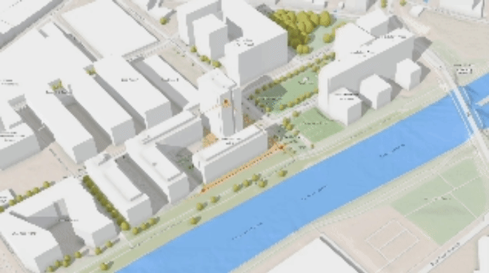 A 3D representation that shows the replacement of a short building with a tall, narrow building on a land plot near a river