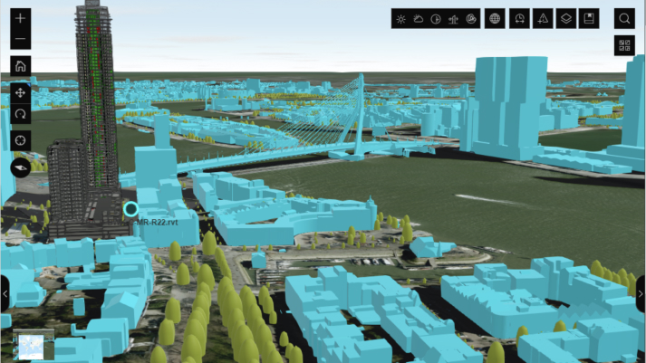 ArcGIS-Ansicht eines virtuellen 3D-Modells einer Reihe aus blauen Gebäuden und grünen Bäumen