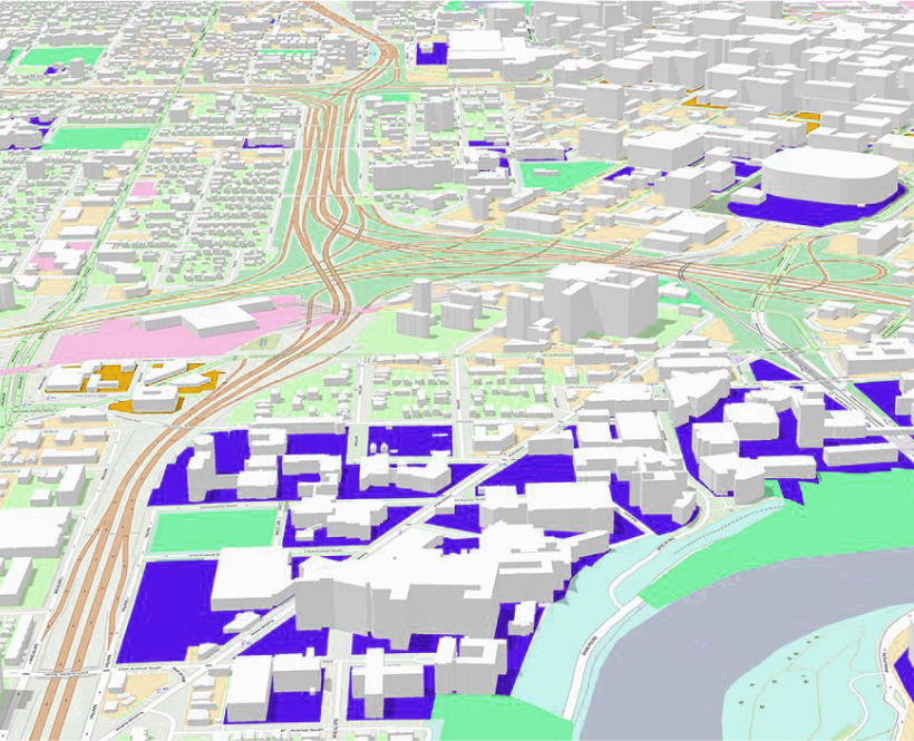 Map of cityscape that includes orange roadways and gray 3D buildings