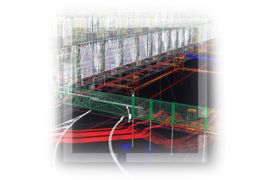 Simulazione di edificio in 3D con percorsi evidenziati in rosso, blu e verde con un logo quadrato bianco traslucido sovrapposto 