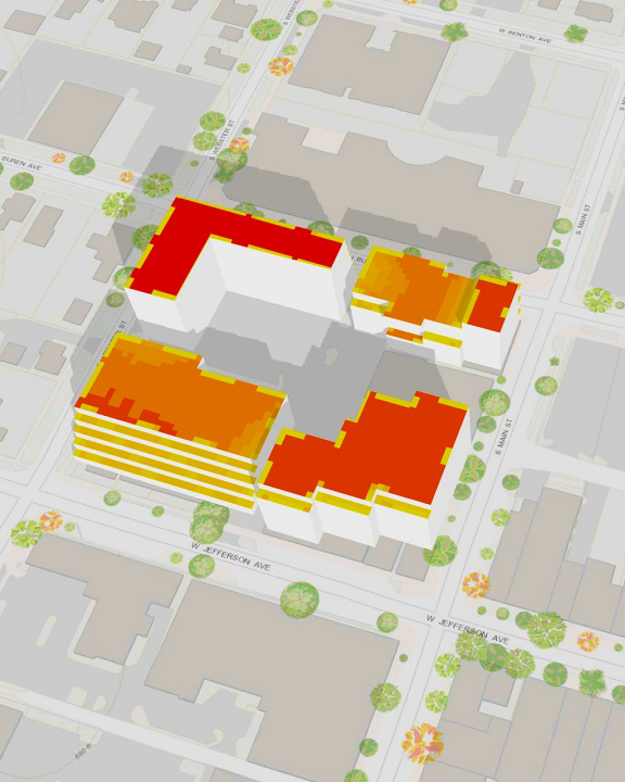 灰色城市地块的 3D 鸟瞰图，其中建筑物颜色从黄色到红色渐变，树木为绿色，道路为灰色