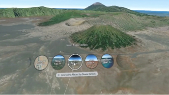 View of Mount Bromo with brown land and green hills and continuous mountain ranges in the back using virtual reality