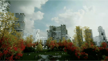 XR image of a city park with trees displaying vibrant red and green leaves and large buildings in the background