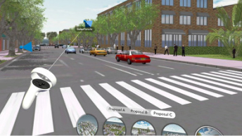 Virtual reality street view at the crosswalk of a road with cars driving, trees lining the street, and a large building 