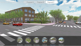 Virtual reality image of a Redlands redevelopment, showing a street view with cars and a building surrounded by green trees