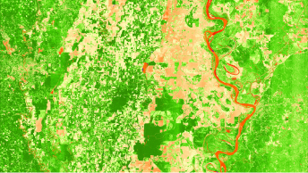 3D terrain map with routes highlighted in red and different shades of green, yellow, and orange indicating elevation 
