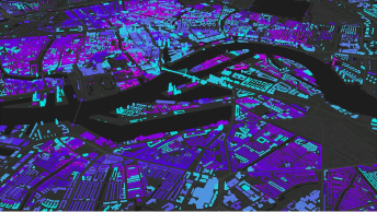 Dark basemap with 3D modeled cityscape of buildings in shades of purple and blue