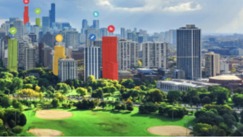 3D mock-up of city skyline from a park surrounded by trees, with highlighted buildings in red and green with virtual markers