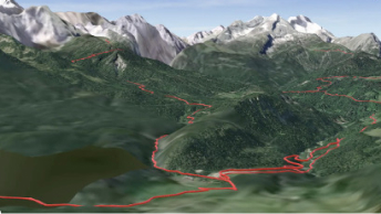 3D mountain range scene with highlighted red lines indicating winding mountain passes and snowcapped mountains