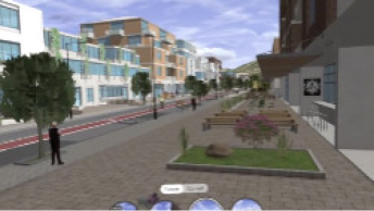 Virtual reality street view of a sidewalk lined with greebn trees, buildings, and park benches