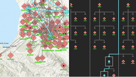 Application bureautique ArcGIS AllSource montrant une carte avec des points de données, une chronologie et un diagramme à secteurs