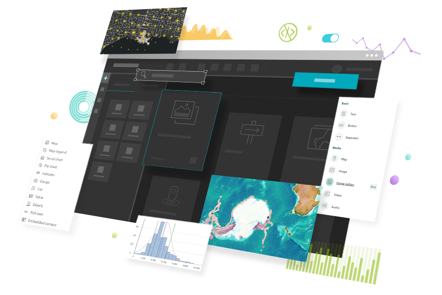 Componenti di App Builders, compresa la finestra di AppStudio for Desktop, mappe, grafici e altre opzioni di configurazione.