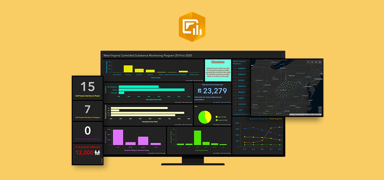 黄色の背景に、デスクトップ モニター内の ArcGIS Dashboards を使用して作成されたダッシュボードと、ArcGIS Dashboards のロゴ