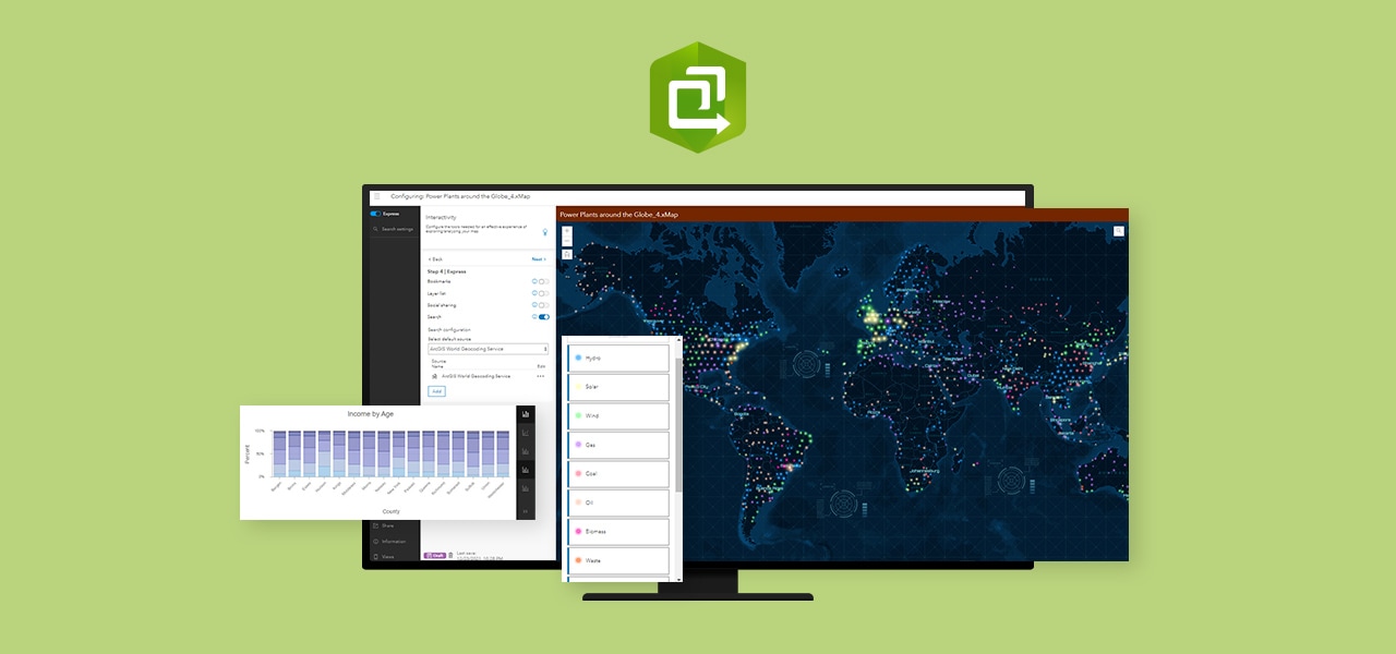 Una aplicación creada con ArcGIS Instant Apps en un monitor de escritorio con un fondo verde, además del logotipo de Instant Apps y opciones de configuración